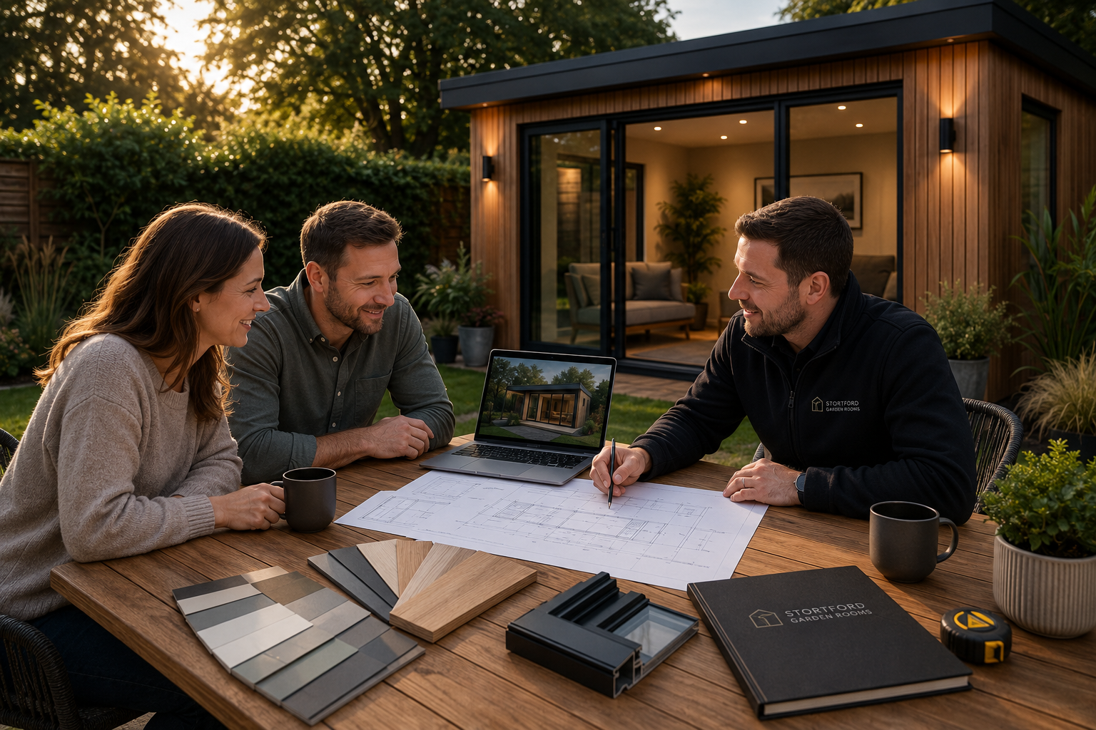 Garden room consultation discussing plans and ideas with homeowners