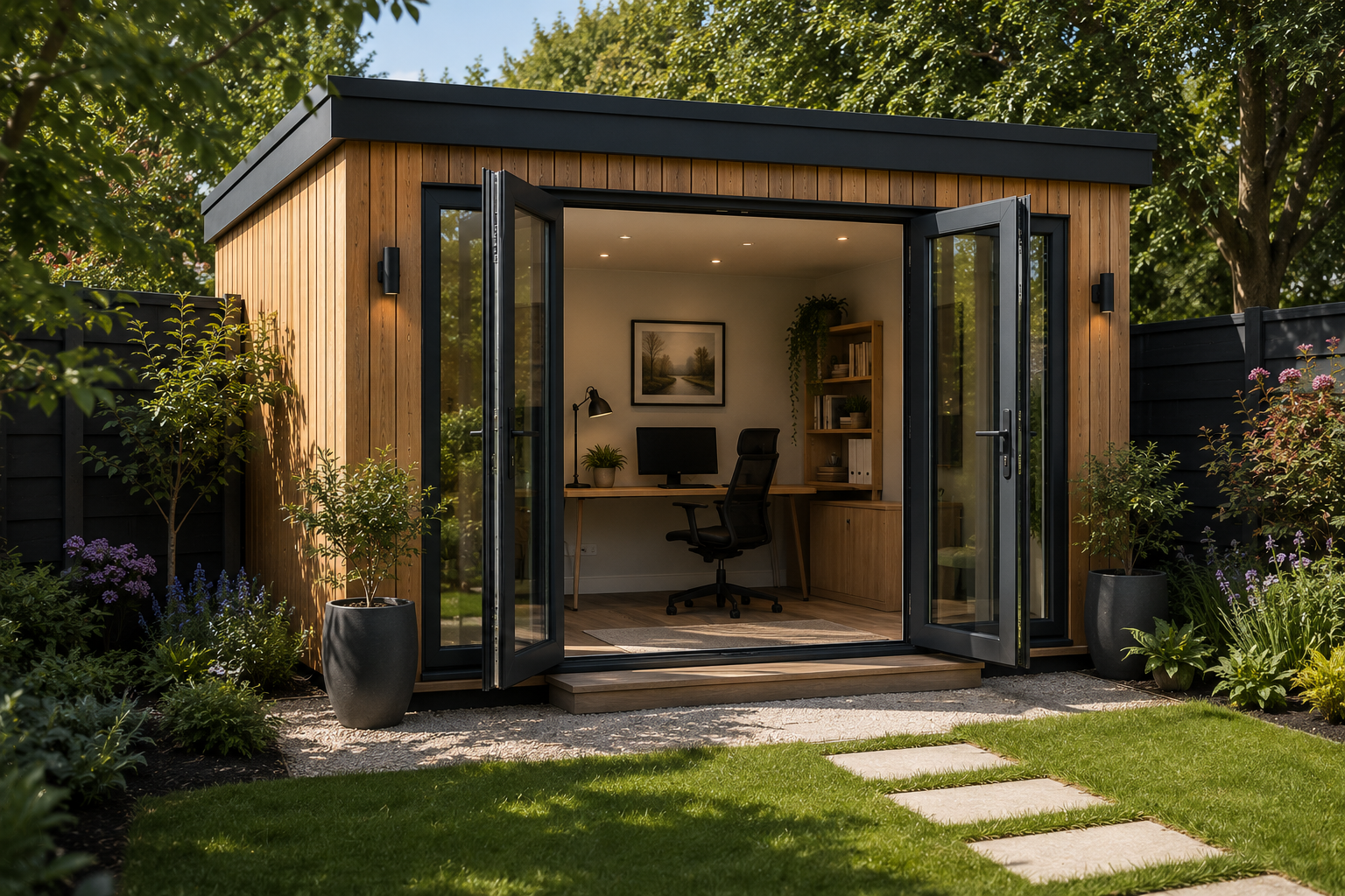 Contemporary garden office with large glazing and a dedicated workspace