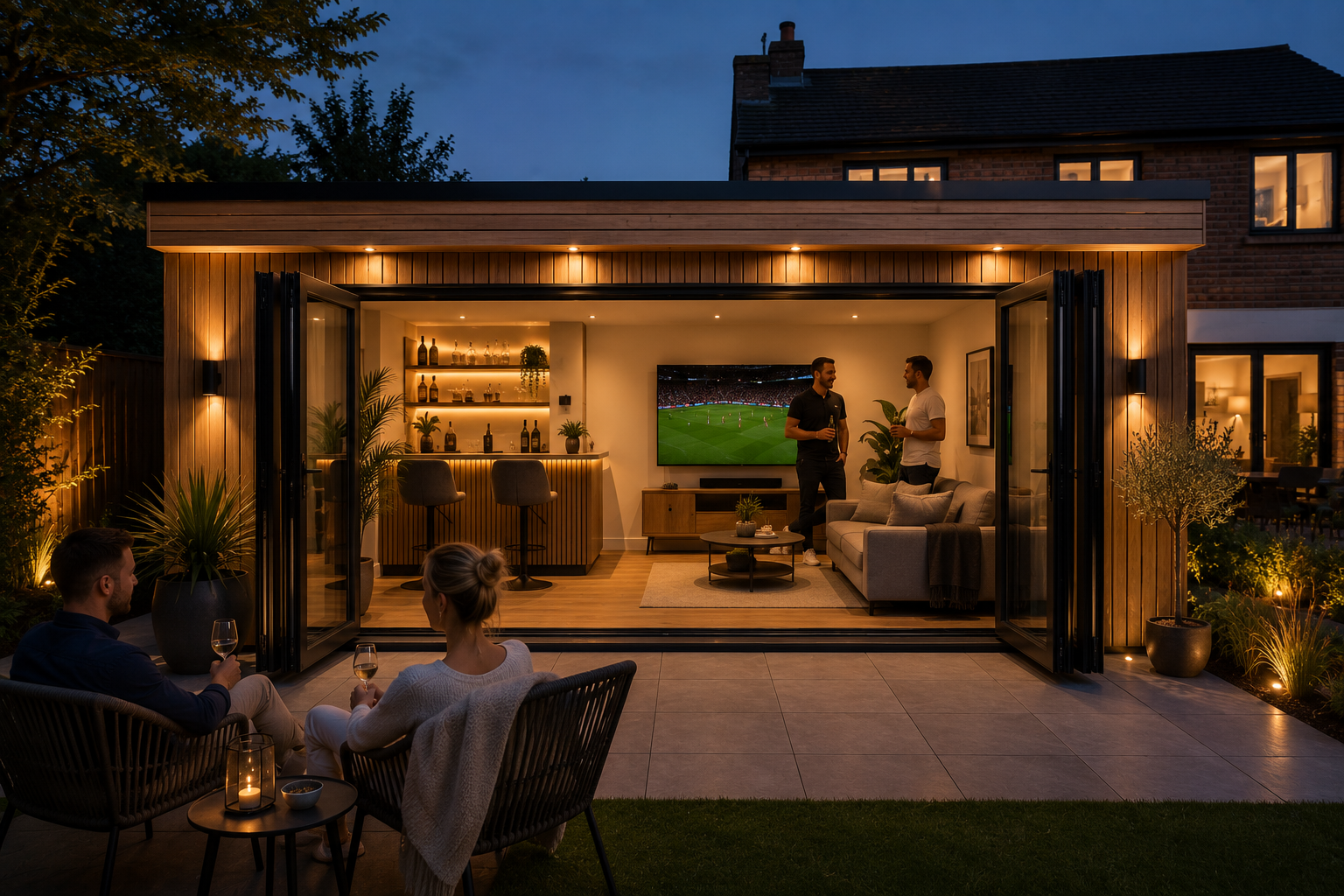 Completed bespoke garden room at dusk