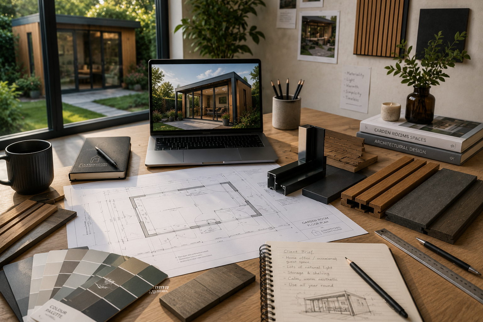 Garden room architectural plans and material samples during the design stage